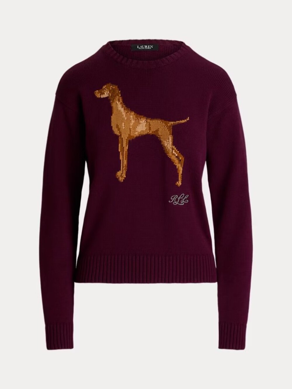 🐕 Lauren Ralph Lauren Intarsia-Knit Vizsla Dog Cotton Sweater Burgundy M